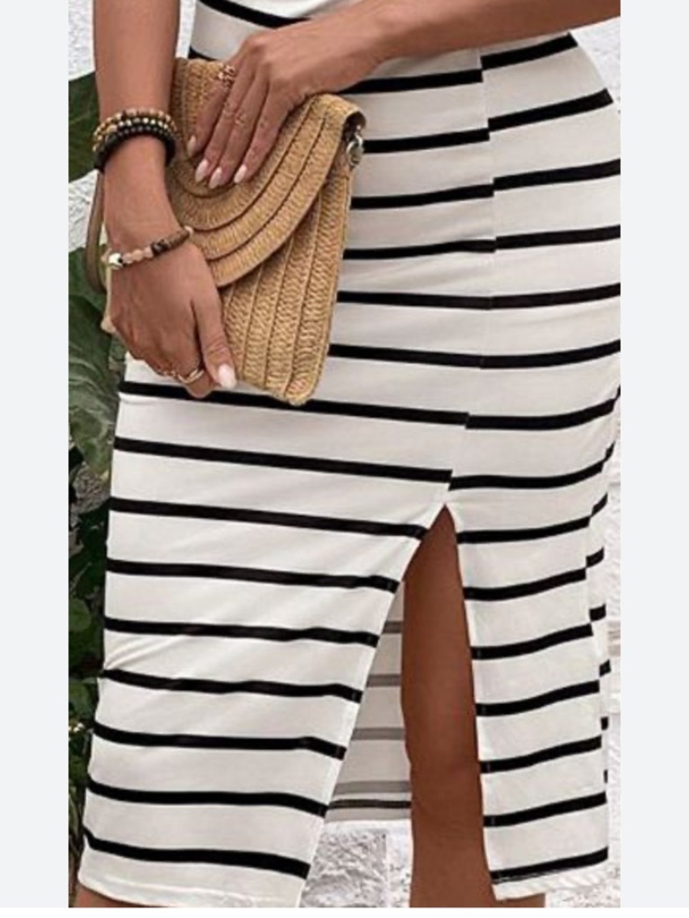 MINKPINK Black and White Striped Midi Skirt with Front Slit XS